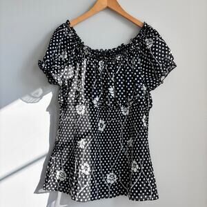 Sere Nade Polka Dot Top Black White Off The Shoulder Pleated Blouse Size Large
